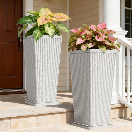 Diyfire Tapered Tall Planters for Outdoor Plants 2 Pack- 23.6 Inch Heavy-Duty Classic Square Indoor Flower Pots with Drainage Holes/Partition/Tray, Large Outdoor Planters for Porch Patio, White