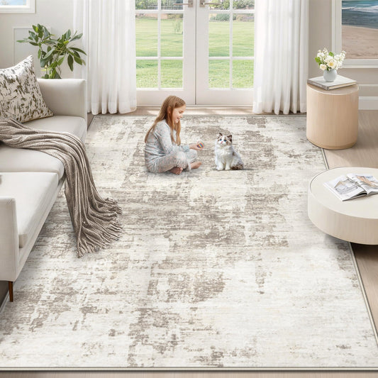 XLUEZ 5x7 Area Rugs for Living Room, Washable Modern Abstract Large Area Rug Neutral Soft Non Slip Kids Rug Stain Resistant Indoor Carpet for Bedroom Nursery Dining Room Playroom(BeigeBrown, 5'x7')