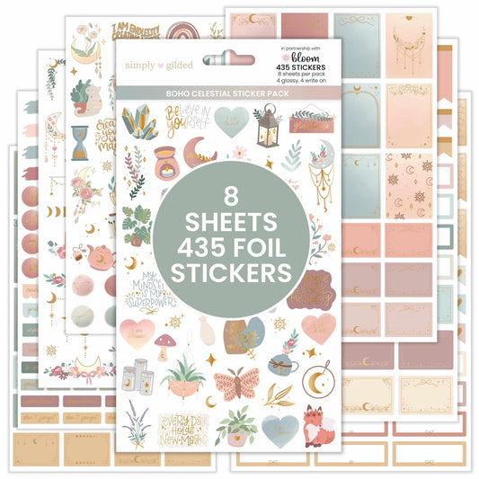 bloom daily planners x Simply Gilded Aesthetic Neutral Planner Stickers (8 Sheets / 435 Stickers) - Bohemian Variety Pack with Gold Foil for Decorating, Planning, Scrapbooking