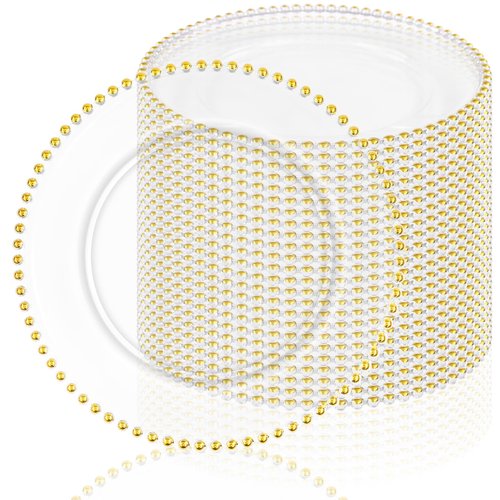 fani 24 Pack Clear Charger Plates Bulk 13 Inch Plastic Round Dinner Chargers with Beaded Rim, Acrylic Decorative Service Plates for Wedding Party Event, Home and Tabletop Decor (Gold)