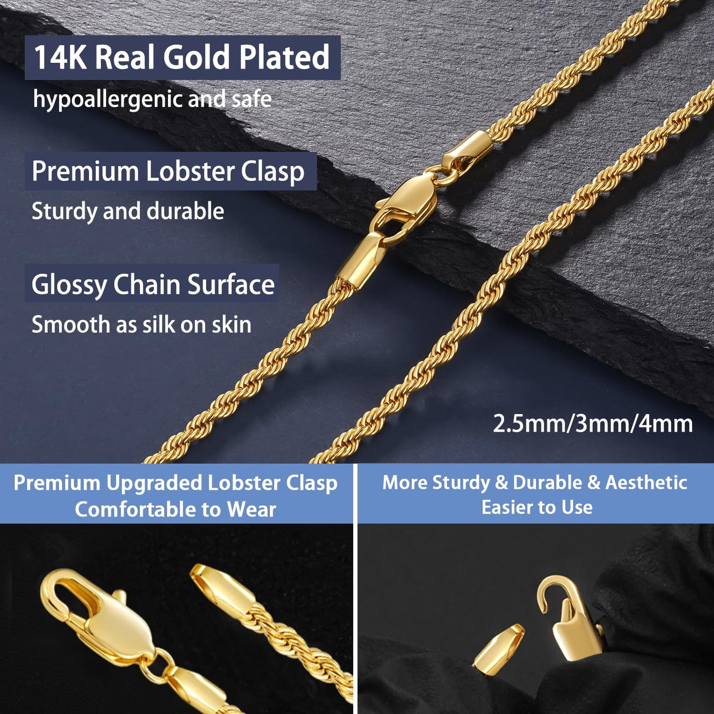 Jewlpire 14K Gold Plated Chain Necklace for Men, 3mm Stainless Steel Rope Chains 14K Gold Plated Chain for Men, Mens Chains Necklace 20 Inch