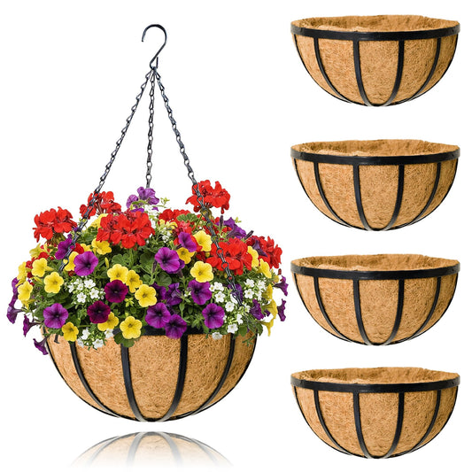 JFFLYIT 4 Pack 14 Inch Hanging Planters for Outdoor Plants Metal Hanging Planter Basket with Coco Coir Liner Round Plant Black Flat Iron Metal Flower Pots for Deck Patio Porch Garden Balcony