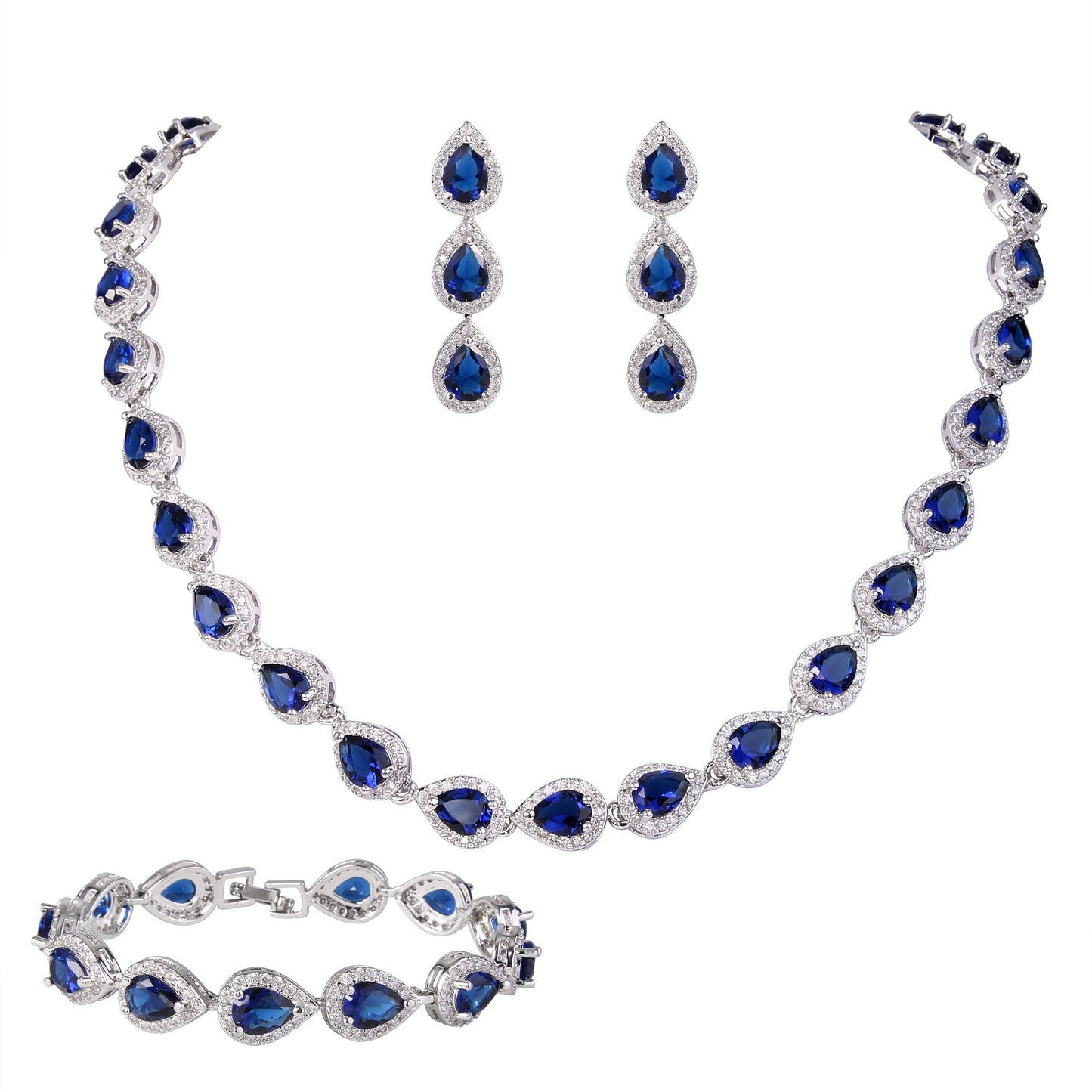EVER FAITH Elegant CZ September Birthstone Teardrop Necklace Bracelet Earrings Set Blue Sapphire-Color