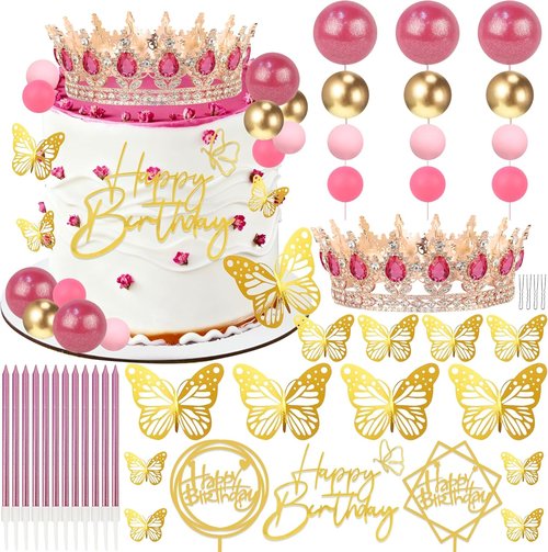 AMZVALU Crown Cake Topper Set - 3 Happy Birthday Decorations with Candles & Butterflies | Rose Gold & Pink