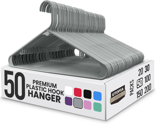 Utopia Home Plastic Hangers 50 Pack - Durable Space-Saving Closet Organizers - Ideal for Shirts, Pants, Skirts & Coats (Grey)
