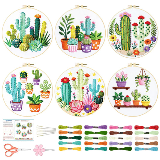 BEUNITONE Cactus Embroidery Kit for Beginners, 6PC Succulent Plant Themed Needlepoint Kits for Adults with Hoops, Threads, Needles, Instructions and Full Kits, DIY Home Decor Craft Gift for Adults