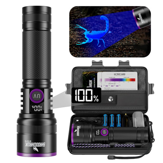 365nm UV Flashlight with Filter Lens - 30w Powerful Black Light Flashlight Rechargeable Ultraviolet Blacklight for Pet Urine Detection/Resin Curing/Rocks/Scorpion/Blood Tracking etc., with LCD Display