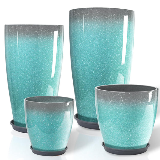 ZMTECH 24/21/12/10" H Large Plastic Planters with Drainage Hole and Saucer -Set of 4 Tall Lightweight Flower Pot for Front Porch Patio Deck,Sky Blue with White Spots