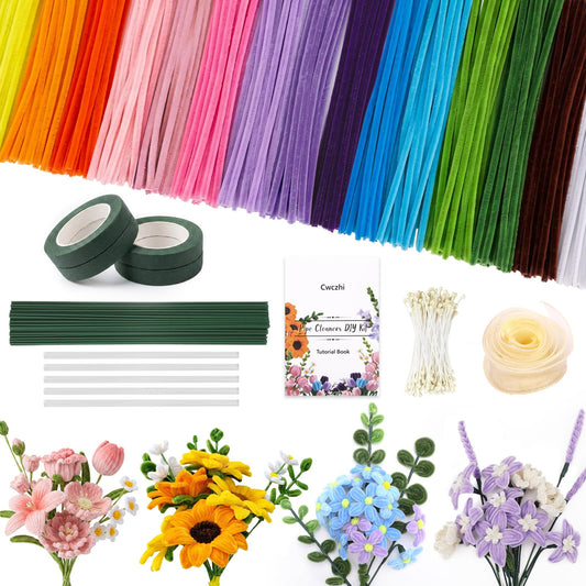 1050 PCS Pipe Cleaner Flower Kit, 15 Assorted Colors Pipe Cleaners Craft,Chenille Stems for DIY Flower Making Kit with Instructions,Floral Wires,Stamen& Ribbon,Art and Craft Supplies