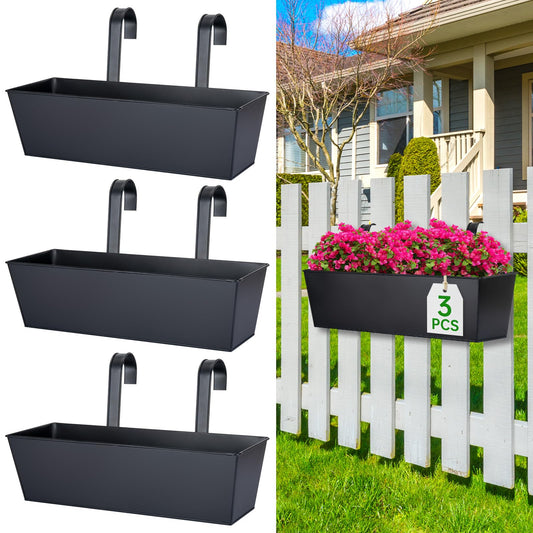 OGIMA 16-Inch Railing Planter Box, 3 Pack Large Hanging Planters for Outdoor Plants with Detachable Wide Hooks for 2.7'' Railings - Balcony Planters Railing Hanging for Deck, Fence & Patio Decor
