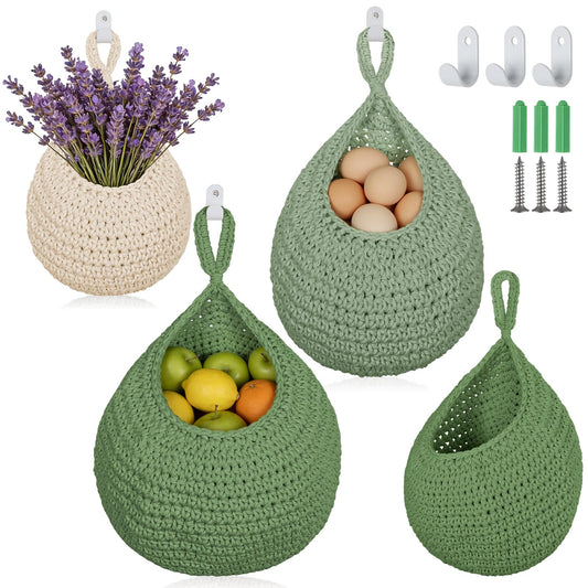 3 Pack Boho Decor Hanging Friut Baskets for Kitchen, Handwoven Cotton Wall Baskets with Hooks 3 Sizes, Hanging Holder Teardrop Produce Basket for Fruit Vegetable Potato Onion Storage, Beige & Green