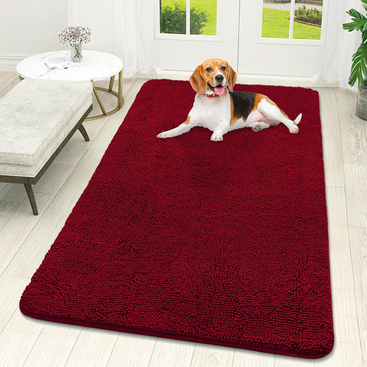 OLANLY Dog Door Mat - Absorbent Non-Slip Chenille for Muddy Paws | 59x32, Quick Dry Indoor Entryway Carpet, Red