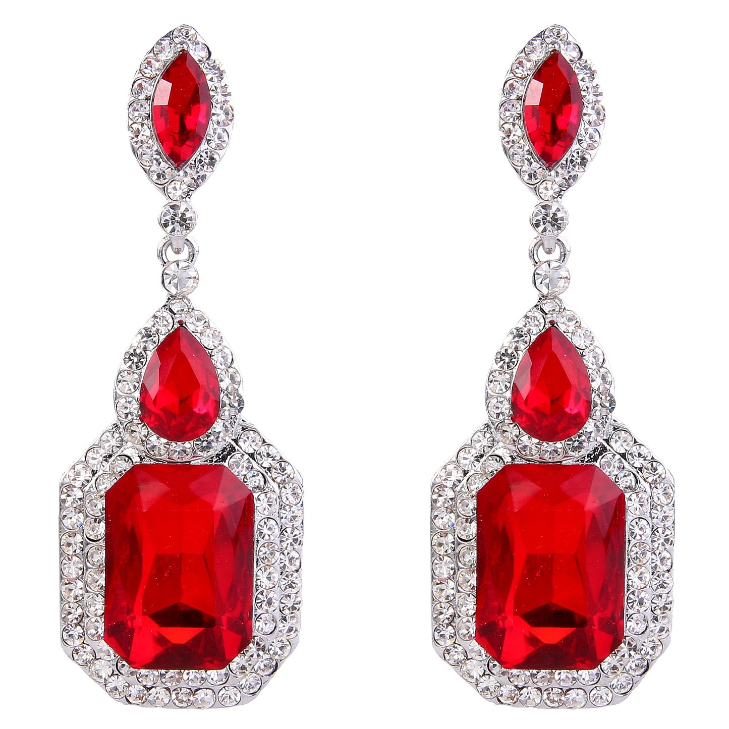 BriLove Women's Wedding Bridal Dangle Earrings Emerald Cut Crystal Infinity Figure 8 Chandelier Jewelry Ruby Color Silver-Tone