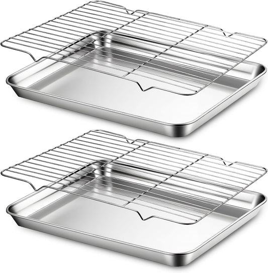 Stainless Steel Baking Sheet Set by [Brand Name] - 2 Pans & 2 Racks, Nonstick & Warp Resistant, 12.4 x 9.6 x 1.2 Inch