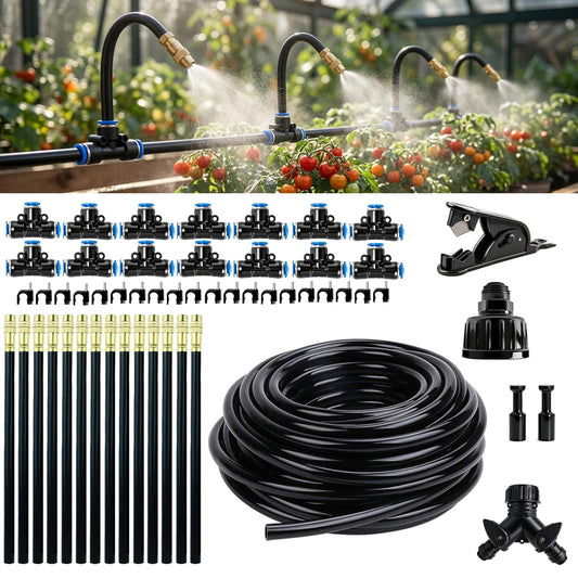 2026-Upgrade 100Ft 1/4" Drip Irrigation System,Garden Watering Kit with 20Pcs 360° Adjustable Copper Nozzles,Automatic Atomizing Sprinkler,DIY for Outdoor,Lawn,Greenhouse,Raised Beds (50FT/14pcs)