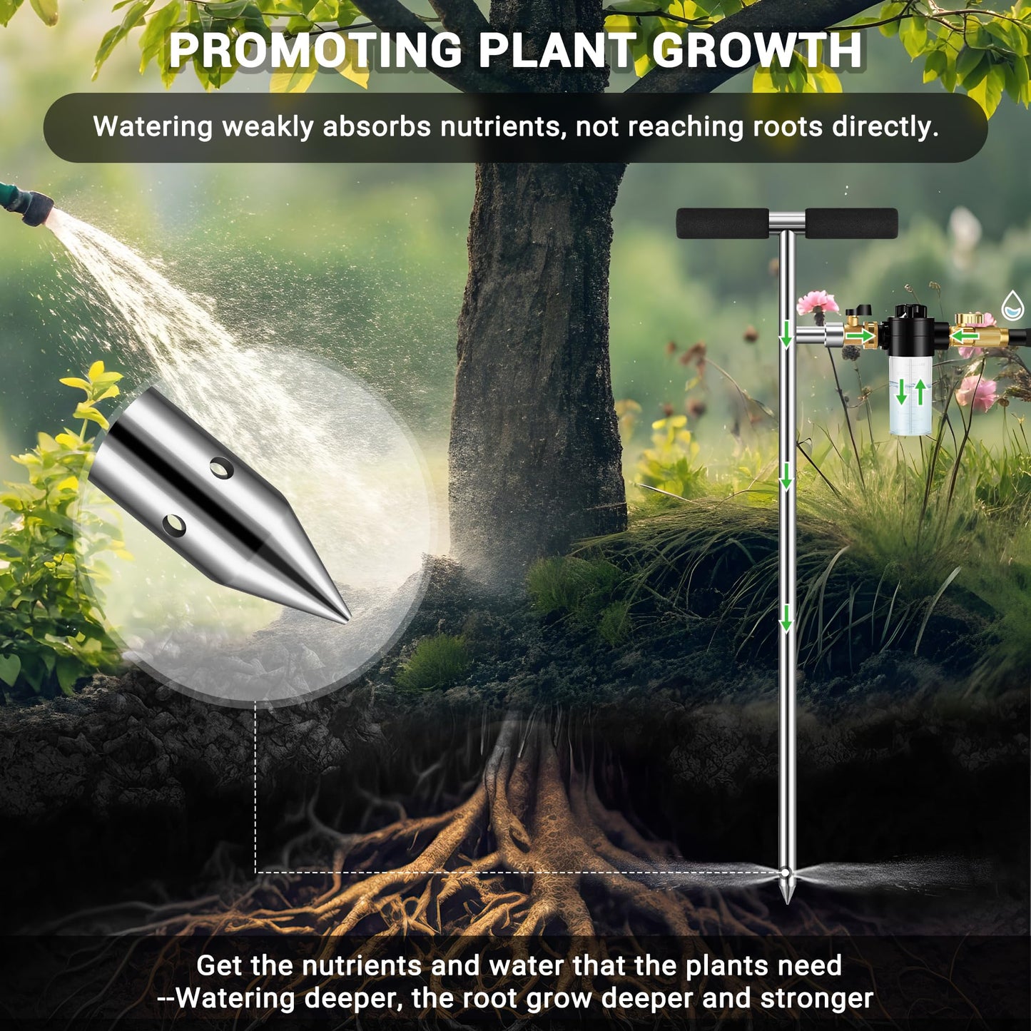 Deep Root Watering Tool for Trees Watering Spike with Fertilizer Bottle | Stainless Steel Root Feeder for Trees Irrigation System for Outdoor Garden, Plant & Shrubs Growth with Brass Valve | T-Handle