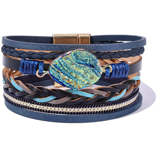Becklynn Boho Leather Wrap Bracelets Beaded Crystal Stackable Cuff Bracelet with Magnetic Clasp Cowboy Cowgirl County Concert Outfits Western Jewelry Gifts for Women(Stone Navy Blue)