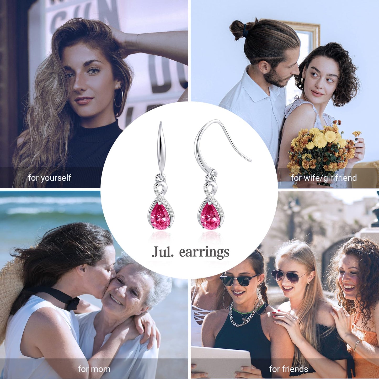 Infinity Birthstone Earrings 18K White Gold Plated 925 Sterling Silver Teardrop Infinity Drop Dangle Earrings July Birthstone Jewelry Birthday Gifts for Women Her Mother Wife