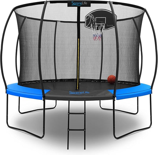 SereneLife 8FT 10FT 12FT 14FT Outdoor Trampoline for Kids and Adults – ASTM Certified Heavy-Duty Backyard Trampoline with Safety Poles, Net Enclosure, and Stable Anti-Rust Frame