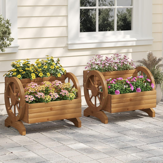 Wieghda Wooden Wagon Planter Box, Standing Garden Planter, Decorative Outdoor Container,Coffee