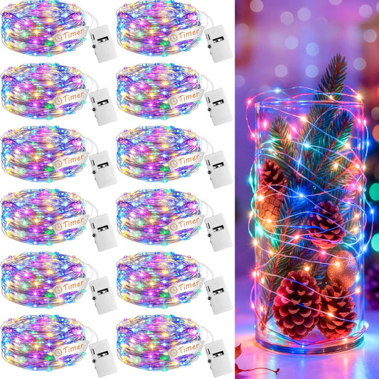 Skiennix 12-Pack Fairy Lights - 7ft 20 LED Twinkle String Lights with Timer | Battery Operated, Multi-Colored Decor for Christmas Trees, Wreaths, and Parties