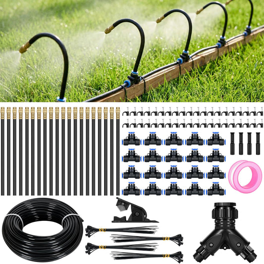 100Ft 360° Adjustable Drip Irrigation System Kit, 1/4 Inch PE Tubing with 20 Bendable Nozzles, Automatic Garden Watering System for Greenhouse, Lawn, Raised Bed, Flower Bed