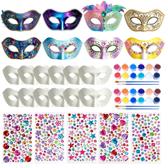 Blurap 27 Pcs Paper Mache Mask Kit, DIY Half Face White Masquerade Mask with Watercolor and Gem Stickers, Bulk Mardi Gras Masks for Women Man Masquerade Party Halloween Cosplay Costume