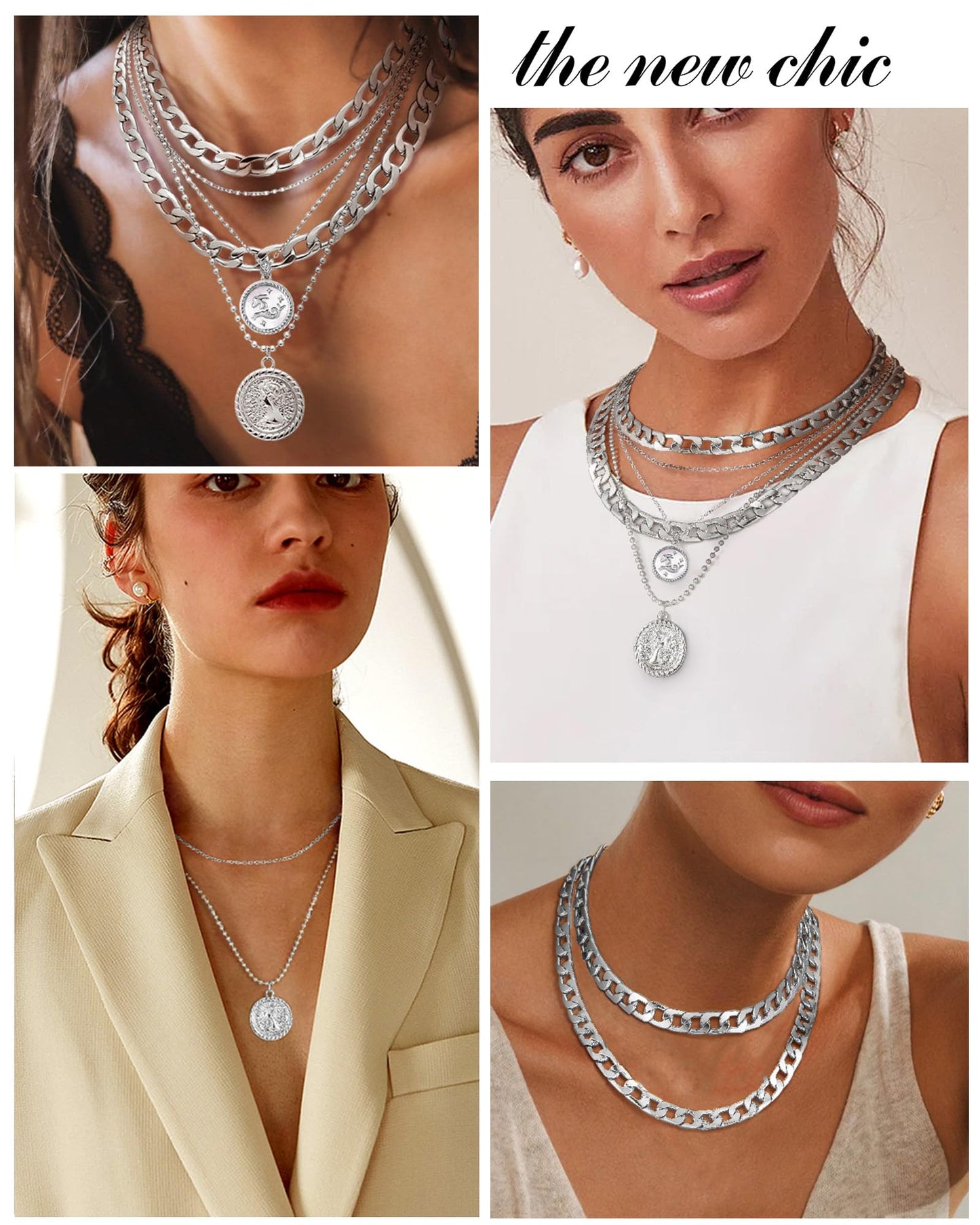 MJartoria Gold Layered Necklaces for Women Trendy Retro Coin Pendant Necklace Dainty Chunky Chain Choker Necklaces for Jewelry Birthday Gifts (Silver, Zodiac-Capricornus-3PCS Layered)