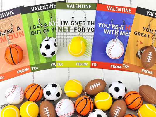 Skiennix Sport Stress Ball | Valentine's Day Gifts for Kids - 28 Pack Mini Foam Balls with Keychains & Exchange Cards
