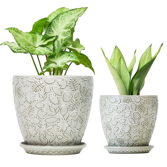 Bestseler 8 Inch + 6 Inch Retro Ceramic Planter Set of 2 with Drainage Hole and Saucer for Multiple Plants, Indoor-Outdoor Garden Pots for Succulent, Orchid, and Flower (Retro White)