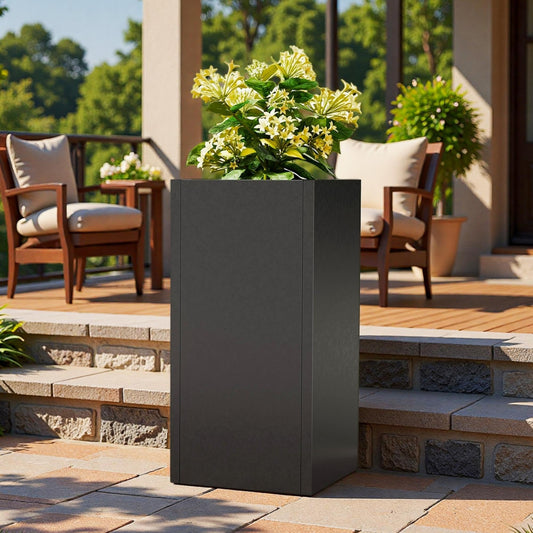 Diyfire Tall Metal Planters Box for Outdoor Plants - 23.6" Modern Steel Tall Square Planter with Removable Insert Shelf, Heavy Duty Pedestal Planter Front Porch Decor Patio Garden Office, Black