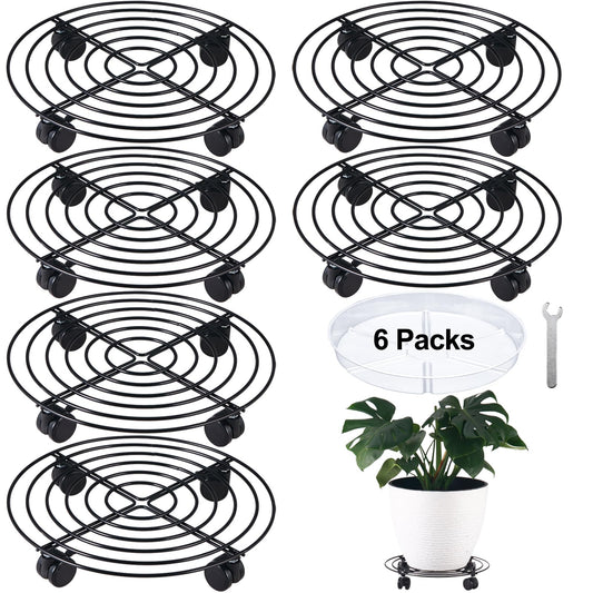6 Packs 13 Inches Large Metal Plant Caddy with Wheels Rolling Plant Stands Heavy-duty Wrought Iron Plant Roller Base Pot Movers Plant Saucer on Wheels Indoor Outdoor Plant Dolly with Casters Planter Tray