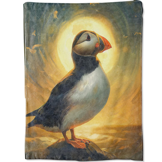 Sunset Birds Puffin Blanket Gifts for Adults Artist Men, Sun Setting Bright Nature Scene Bird on Rock Throw Blankets for Sofa Office Couch Room Decor, Cozy Lightweight Warm Soft Throws, 50x60 in