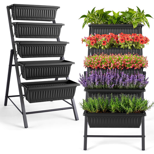 TEANDE 2 Pack Vertical Raised Garden Bed, 5-Tier Elevated Planter Box w/Drainage System & 4 Hooks for Herbs Vegetables Flowers, Vertical Garden Planter for Patio Yard Indoor Outdoor, Black