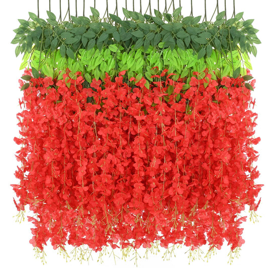 BLEUM CADE Artificial Wisteria Hanging Flowers, 10 Pcs Red, 3.6Ft/Pcs, Decorative Plant Garland for Home, Wedding, Party Decorations