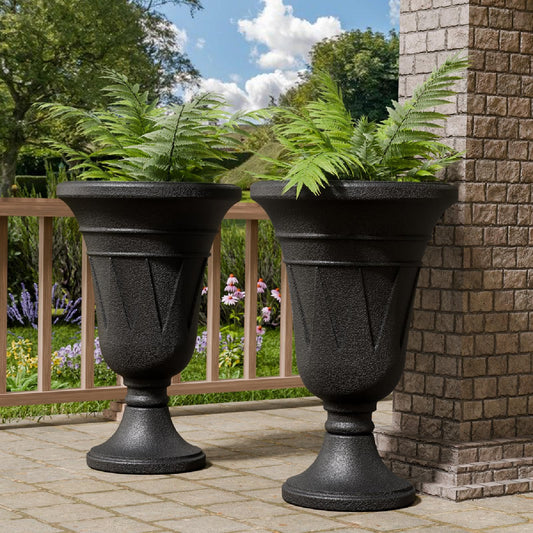 Trygoal 23.6" Tall Plastic Urn Planters for Outdoor Plants, Set of 2 Heavy-Duty Classic Indoor Large Flower Pots with Drainage Holes & Trophy Design, Outdoor Planters for Porch, Home Garden, Black