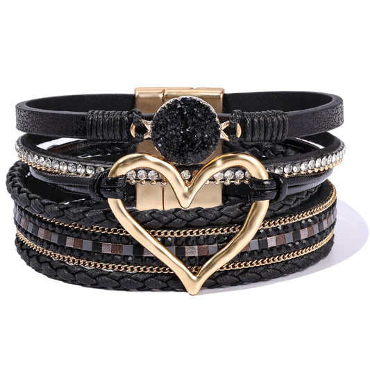 Becklynn Boho Leather Wrap Bracelets Beaded Crystal Stackable Cuff Bracelet with Magnetic Clasp Cowboy Cowgirl County Concert Outfits Western Jewelry Gifts for Women(Heart Black)