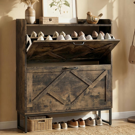 Nicetree Shoe Cabinet with 2 Flip Drawers, Freestanding Shoe Storage Cabinet with Metal Legs, Farmhouse Shoe Organizer for Entryway, Foyer, Hallway