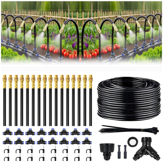 100FT Drip Irrigation System, 1/4 Inch Hose with 360° Adjustable Copper Nozzles – Garden Watering Kit for Lawn, Raised Beds, Greenhouse & Yard