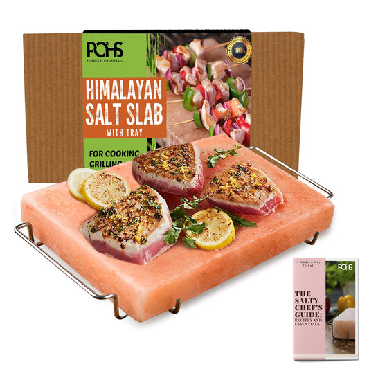 Himalayan Salt Block Cooking Plate 12x8x1.5 for Cooking, Grilling, Cutting and Serving, with Steel Tray & Recipe booklet Unique Gifts for Men, Women, Chefs & Cooks