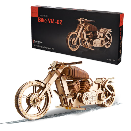 UGEARS Bike DIY Kit – Wooden Mechanical Motorcycle Project – Bike VM-02 Rubber Band Engine – for Vehicle Passionate and Bikers – Plywood Model with Wide Back Wheel – Refined Gift Idea