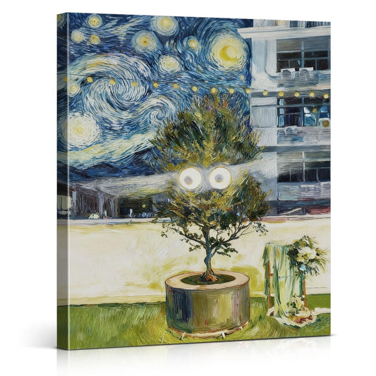 BIQRP Cute Starry Night Parody Tree Wall Art - Whimsical Terrace Wall Decor - Vintage Glowing Eyes Tree Oil Painting, Quirky Home Living Room Bedroom Decor 8x10 Inch