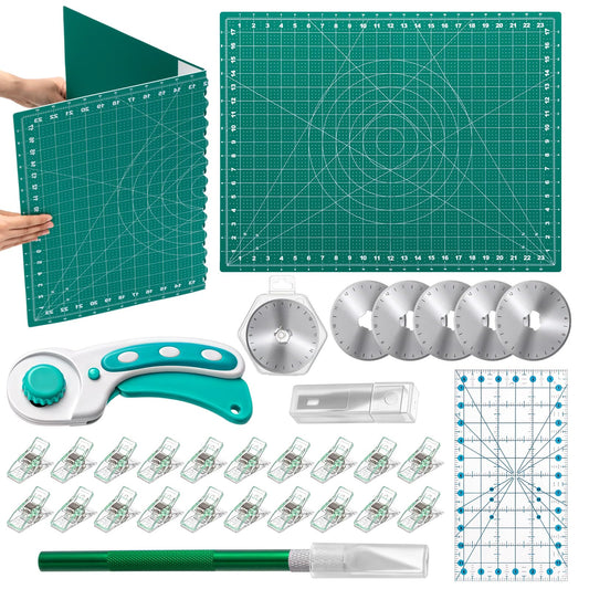 Lasnten Rotary Cutter Set 18 x 24 Inch Folding Extra Large Self Healing Cutting Mat, 45mm Fabric Cutter, 5pcs Rotary Blades, Acrylic Ruler, Knife Set for Sewing, Crafting, Patchworking, Art, Clay