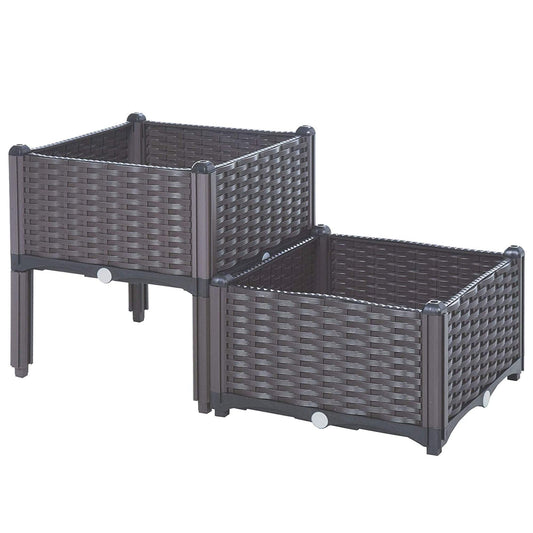 Set of 2 Plastic Raised Garden Bed Kit, Indoor Outdoor Elevated Planter Box, Rattan-Style Plant Containers with Self-Watering Design, for Growing Vegetables, Flowers, Herbs