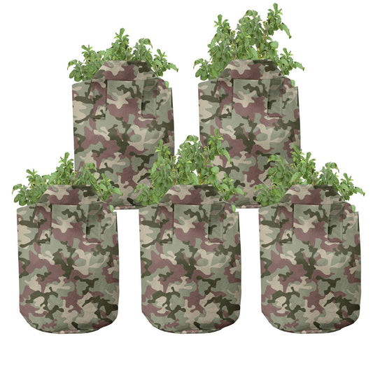 Ambesonne Ethnic Grow Bags 5-Pack, Boho Colorful Spring Garden, Heavyduty Fabric Pots with Handles for Plants, Navy Pink