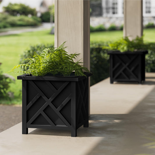 Lattice Design Outdoor Planter Box 2-Pack - 15.5” Square 16.5” Tall Brown Decorative Plant Pots for Front Porch Decor - Flower Pots Outdoor Planters for Porch Patio or Garden Decor by Pure Garden