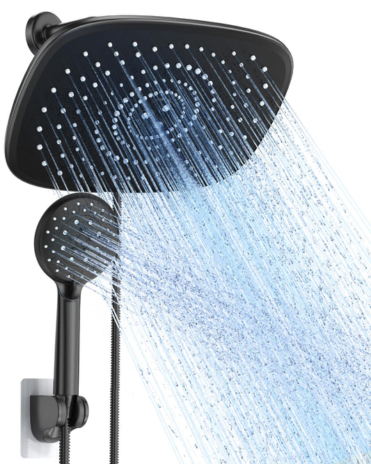 Veken Rain Shower Head with Handheld, High Pressure Rainfall Showerhead Combo with 5 Handheld Water Spray Modes for Bathroom Accessories, Home Decor, Detachable Dual Shower Heads, Matte Black, 10 Inch