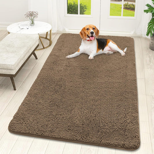 OLANLY Dog Door Mat - Absorbent Non-Slip Chenille Mat for Muddy Paws | 59x32 Tan Indoor Entryway Carpet