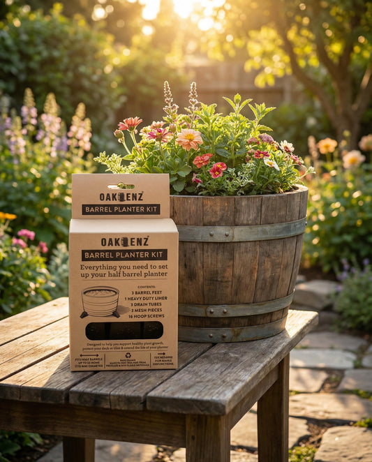 OAKENZ Half Barrel Planter Starter Kit – Wine & Whiskey Barrel Liner with Drain Tube & Mesh – Complete Waterproof Insert System for Half Barrel Planters – Heavy-Duty Plastic