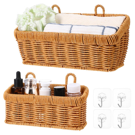 2 Pcs Wall Hanging Basket Wall Mount Pantry Fruit Basket Boho Style Decor Storage Baskets Adhesive Bathroom Cabinet Organizer for Bathroom Kitchen Garden Living Room with 4 Hooks